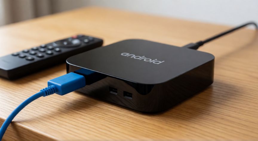 que android tv box comprar, Android TV Box moderna con mando a distancia sobre mesa de madera
