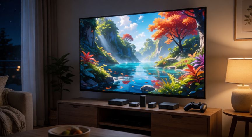 que android tv box comprar, Sala de estar con televisor mostrando contenido en 4K y dispositivos de streaming