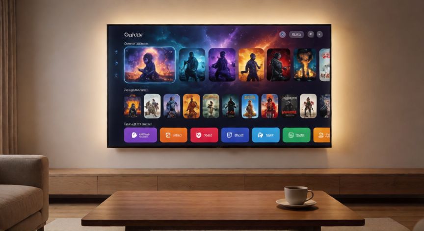 que android tv comprar, Sala de estar moderna con televisor inteligente Android mostrando interfaz de streaming
