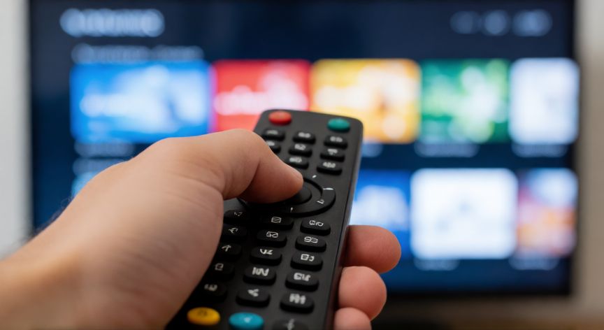 que android tv comprar, Mano sosteniendo un mando a distancia apuntando a una pantalla de televisión Android