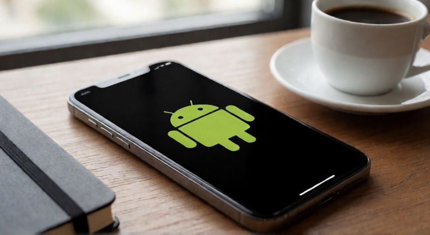 que android ya es obsoleto, Móvil con pantalla mostrando el logo de Android sobre un escritorio de madera