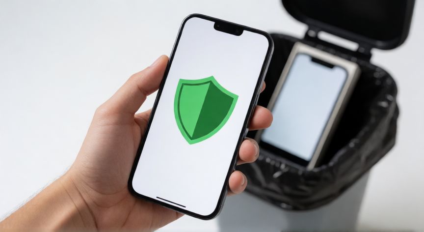 que android ya no tiene soporte, Móvil moderno con icono de seguridad y caja vieja en la basura