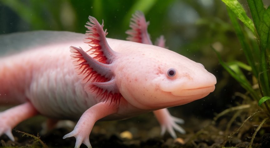 Ajolote rosado nadando en un entorno acuático natural