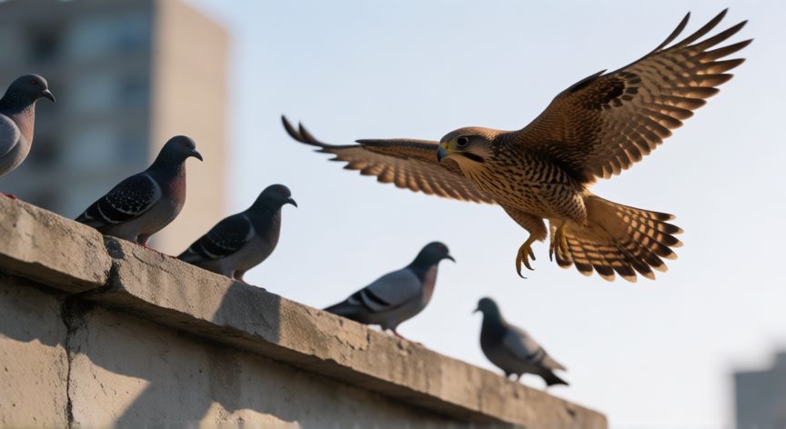 que animal ahuyenta a las palomas, Halcón sobrevolando una azotea urbana mientras las palomas se alejan del alero