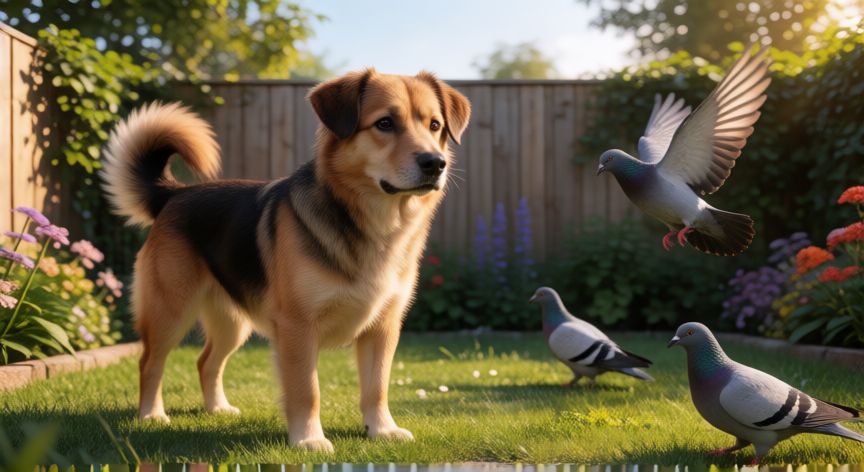 que animal ahuyenta a las palomas, Perro atento en un jardín mientras las palomas se alejan del césped