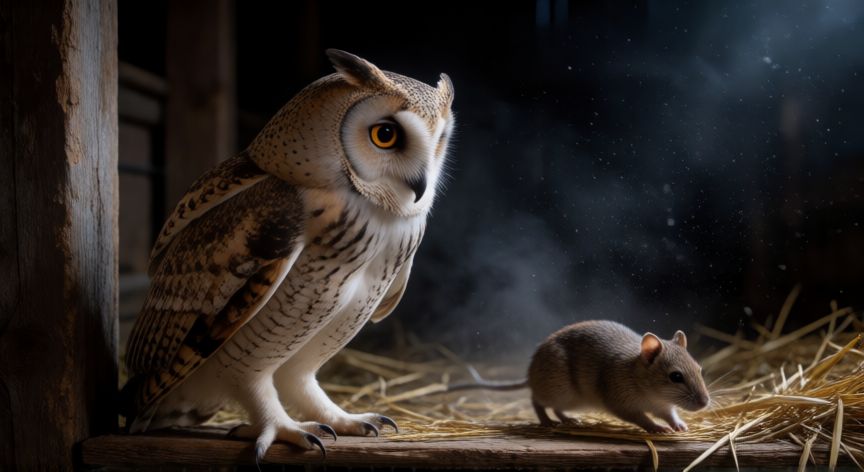que animal ahuyenta a las ratas, Búho cernícalo vigilando una rata en un granero nocturno
