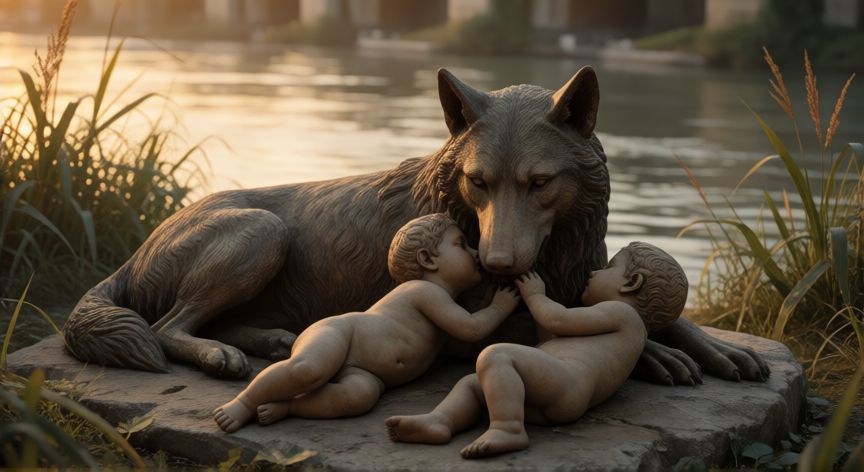 Loba amamantando a Rómulo y Remo junto al río Tíber en estilo clásico