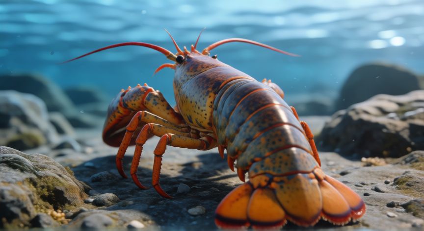que animal anda hacia atras, Langosta desplazandose hacia atras sobre rocas en el fondo marino