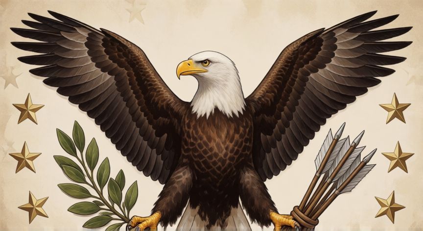 qué animal aparece en el reverso de un dólar, Águila calva en estilo heráldico con rama de olivo y flechas