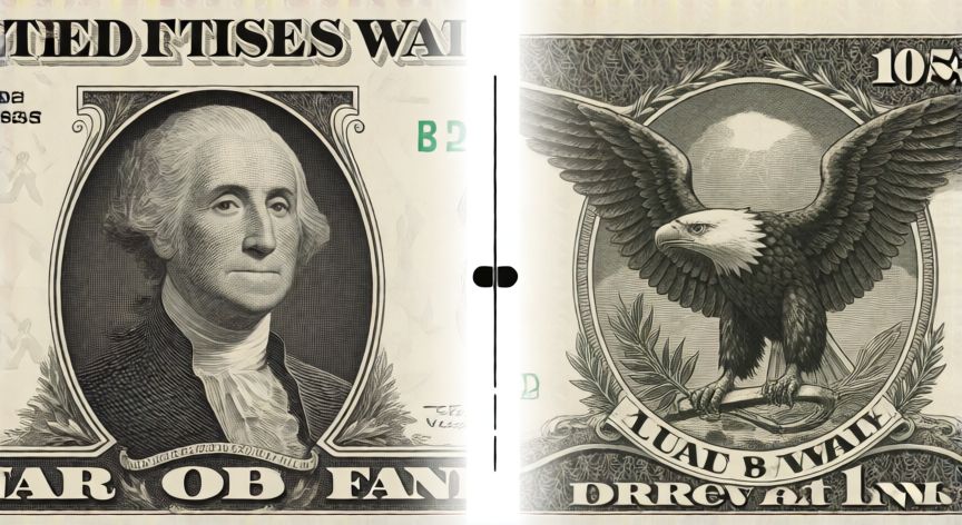 que animal aparece en un billete de dolar, Comparacion entre la cara frontal y trasera de un billete de un dolar con el aguila calva