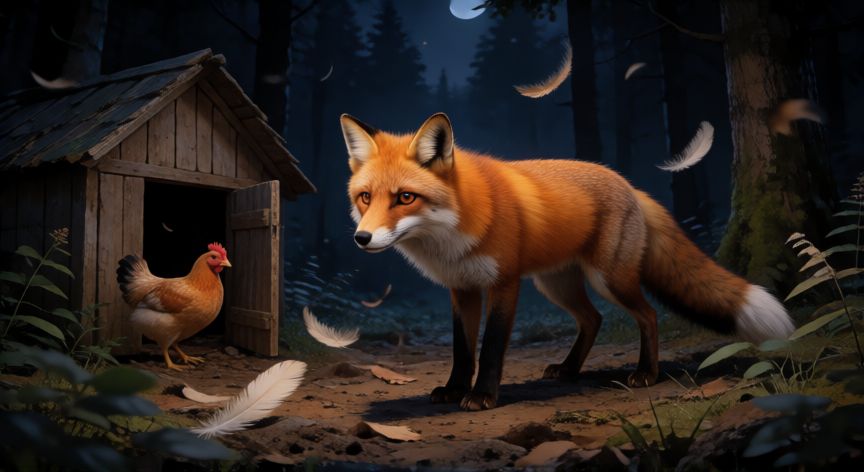 que animal arranca la cabeza a las gallinas, Zorro cerca de un gallinero nocturno con plumas en el suelo