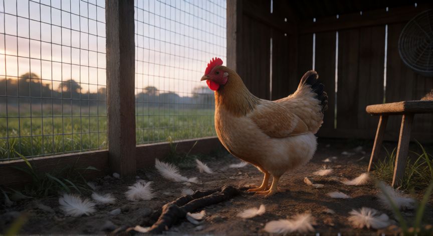 que animal arranca la cabeza a las gallinas, Gallinero protegido con malla metálica al amanecer y huellas cerca de la puerta