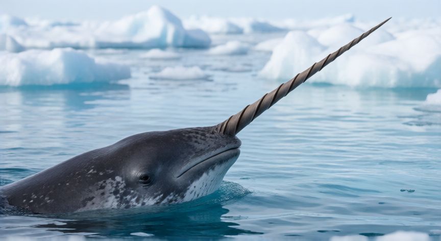 que animal artico es el unicornio de mar, Narval nadando en aguas articas mostrando su colmillo espiralado