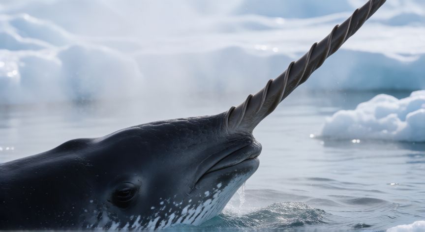 que animal artico es el unicornio de mar, Machos de narval emergiendo junto al hielo artico con colmillo visible