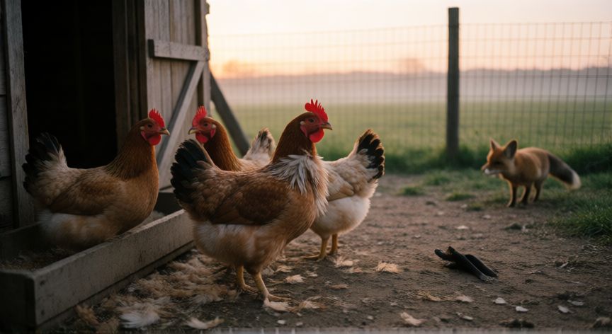 que animal ataca a las gallinas, Gallinas en un corral rural con plumas dispersas y huellas cerca de la malla