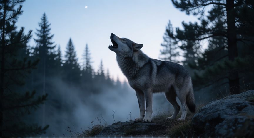 que animal aulla, Lobo aullando en una colina con luna y bosque al fondo