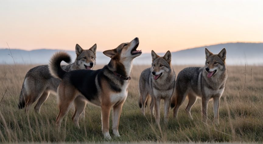 que animal aulla, Perros y coyotes aullando en un campo al amanecer