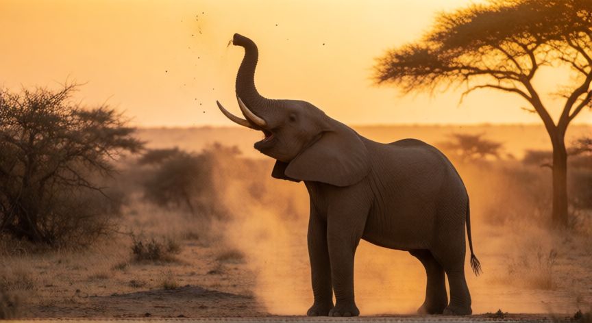 que animal barrita, elefante africano barritando con la trompa en alto al atardecer en la sabana