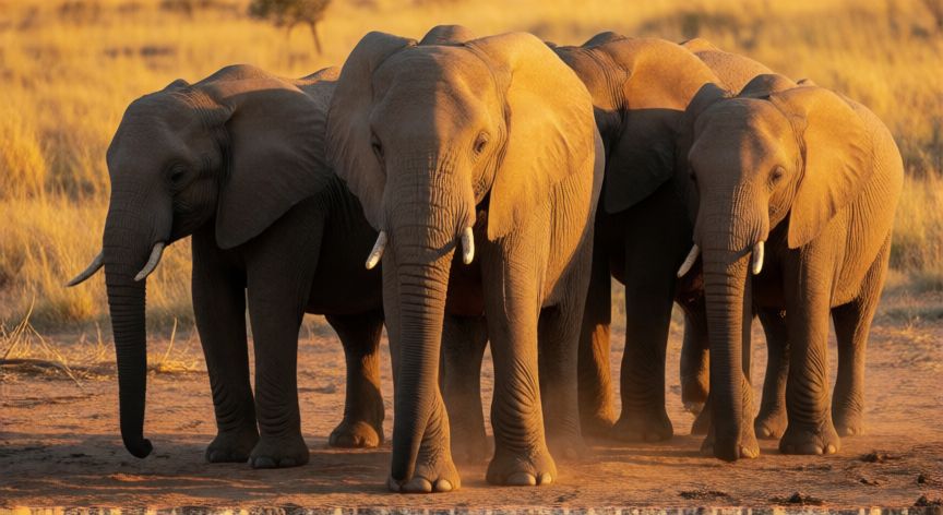 que animal barrita, manada de elefantes africanos comunicándose mediante vibraciones en el suelo al atardecer