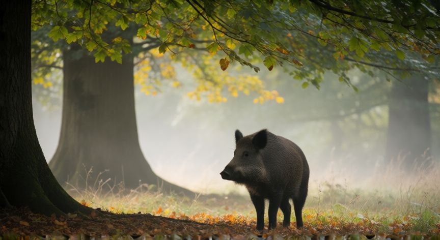 que animal barrunta, Jabalí en estado de alerta en un bosque, animal que barrunta el peligro con el olfato