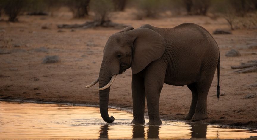 que animal bebe mucha agua, Elefante africano bebiendo agua en un río al atardecer