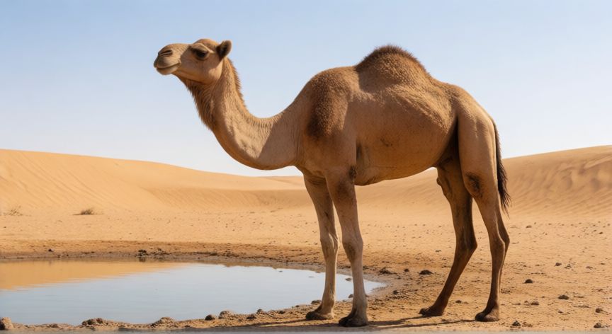 que animal bebe mucha agua, Camello junto a una charca de agua en el desierto