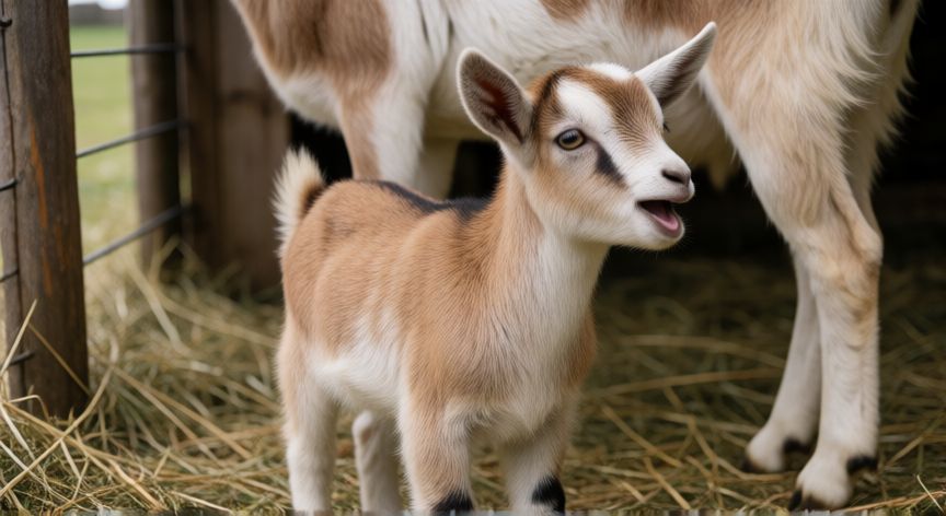 que animal berrea, Cabrito y cabra en un corral rural mientras el joven emite un berreo
