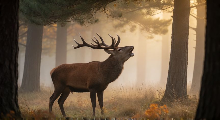 que animal brama, Ciervo macho emitiendo una brama profunda en un bosque de otoño