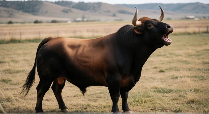 que animal brama, Toro grande bramando en un prado abierto con colinas al fondo