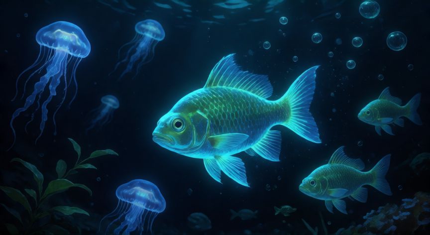 que animal brilla en la oscuridad, Peces y medusas bioluminiscentes en el océano profundo