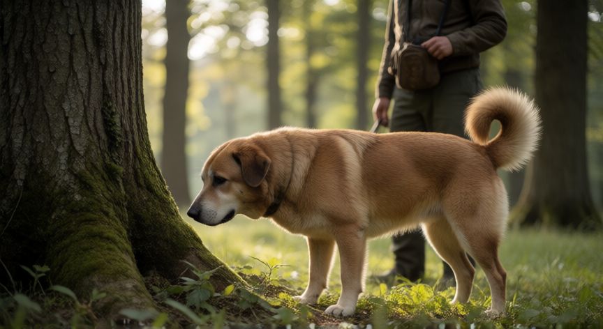 que animal busca trufas, Perro trufador buscando trufas junto a un roble en el bosque con su guía