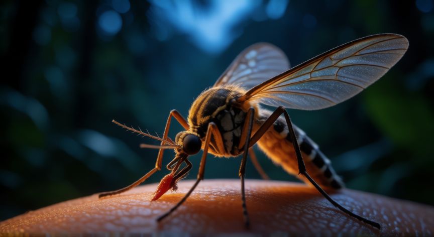 que animal causa mas muertes al año, Mosquito Anopheles picando la piel humana al atardecer en un entorno tropical