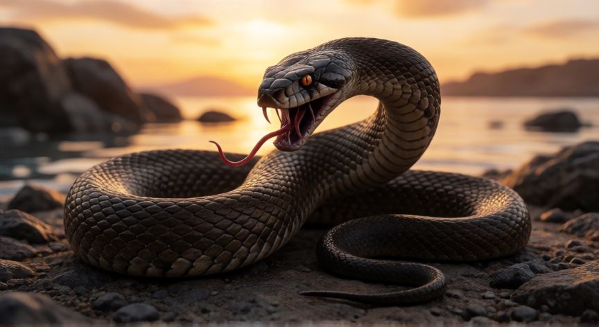 que animal causa mas muertes al año, Serpiente venenosa enroscada sobre rocas cerca del agua al atardecer