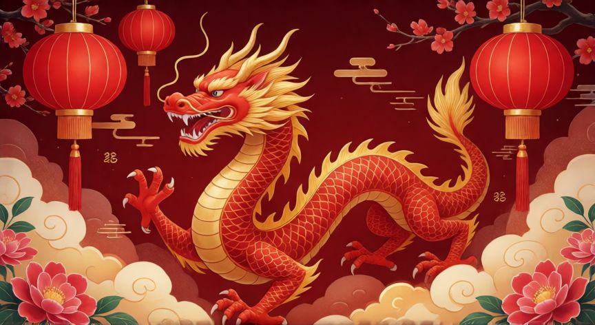 que animal chino soy, Escena festiva del año nuevo chino con dragón, faroles rojos y motivos del zodiaco