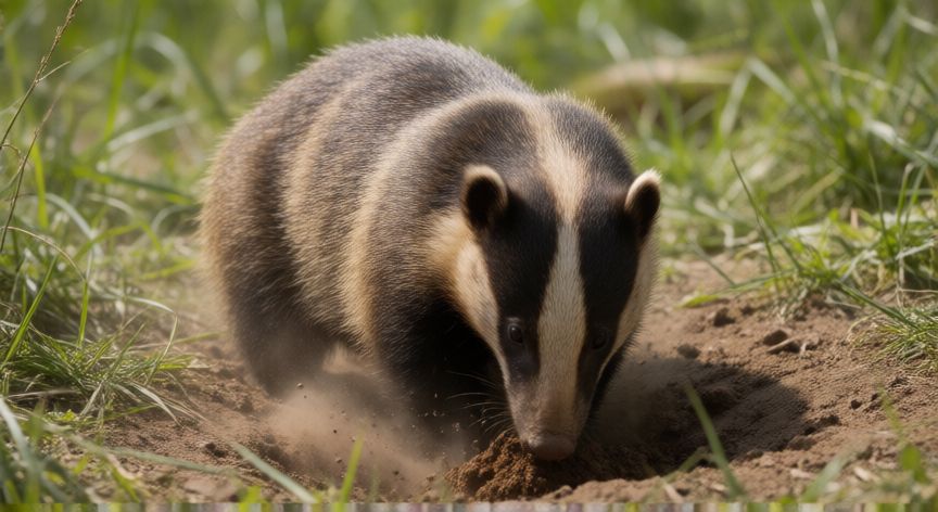 que animal come avispas, Tejón excavando un nido subterráneo de avispas en la pradera