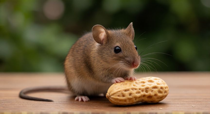 que animal come cacahuetes, Ratón comiendo un cacahuate sobre una mesa de madera