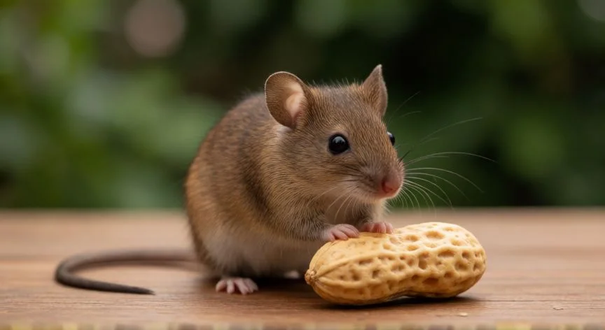 Ratón comiendo un cacahuate sobre una mesa de madera