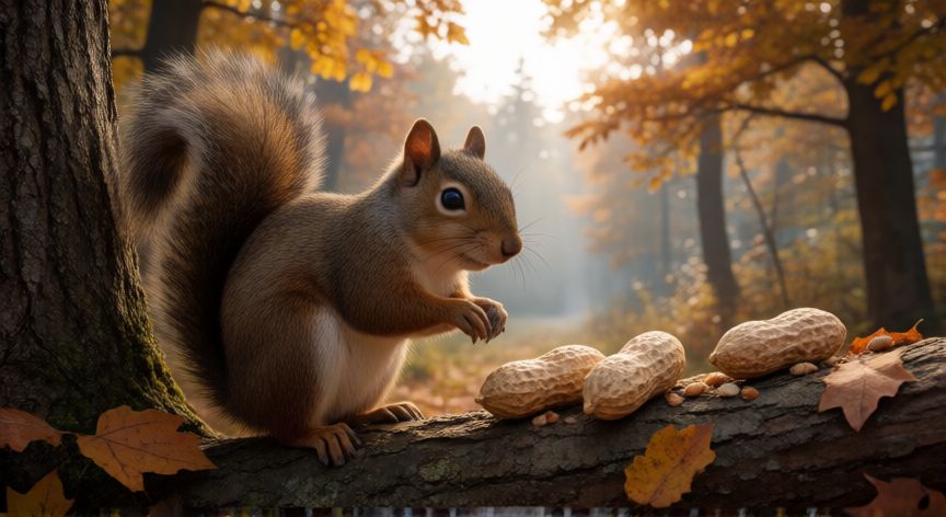 que animal come cacahuetes, Ardilla junto a un comedero con cacahuetes en un bosque