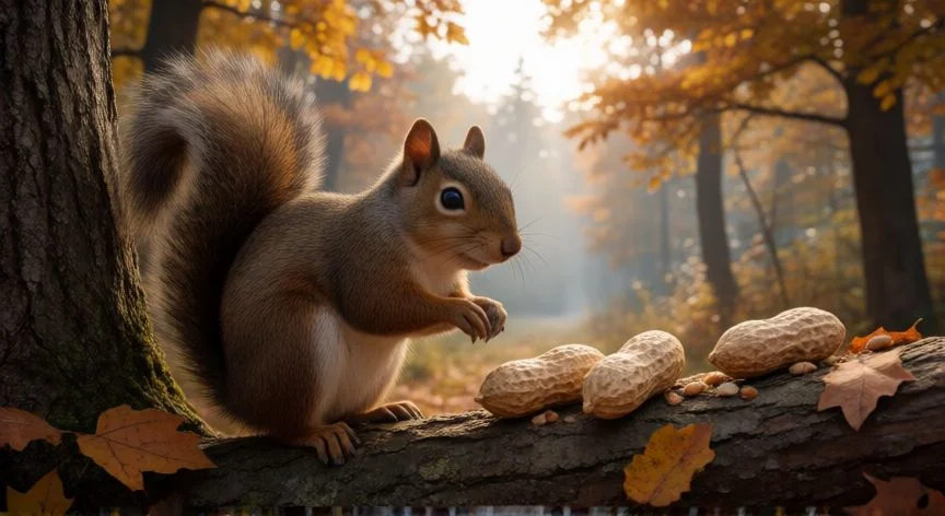 que animal come cacahuetes, Ardilla enterrando un cacahuete con cáscara junto a un roble