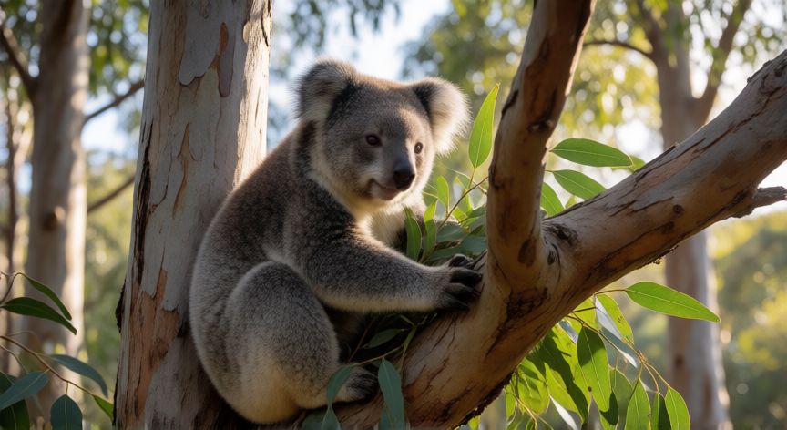 que animal come eucalipto, Koala comiendo hojas de eucalipto en un árbol australiano