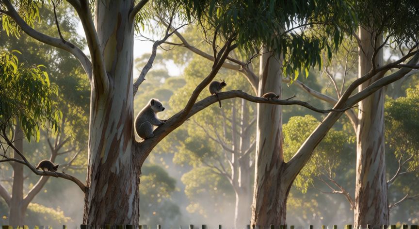 que animal come eucalipto, Varios animales herbívoros en un bosque de eucaliptos en Australia