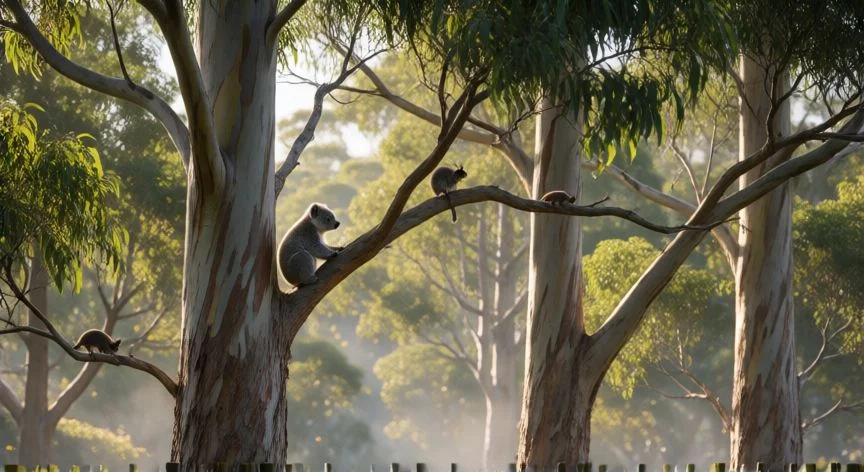 que animal come eucalipto, Madre koala con su cría asomando del marsupio sobre un árbol de eucalipto