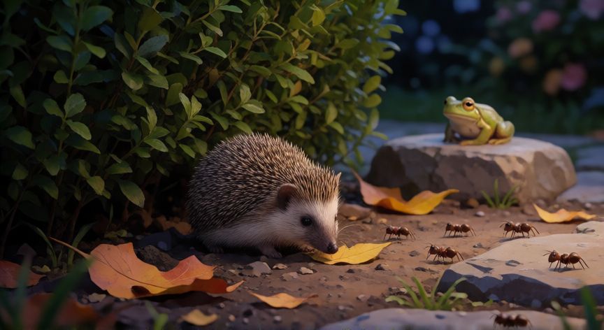 que animal come hormigas, Erizo y rana cerca de hormigas en un jardín durante el atardecer