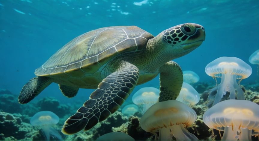 que animal come medusas, Tortuga marina nadando cerca de medusas en el océano