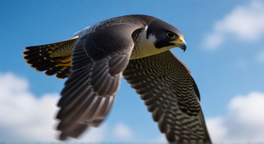 que animal corre mas rapido, Halcon peregrino en picado a gran velocidad en el cielo