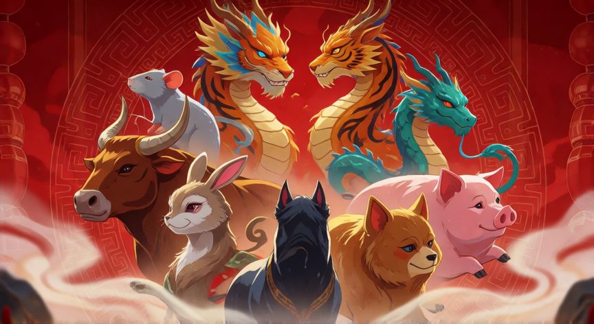 que animal del horóscopo chino soy, Ilustración de los doce animales del horóscopo chino en una composición circular tradicional