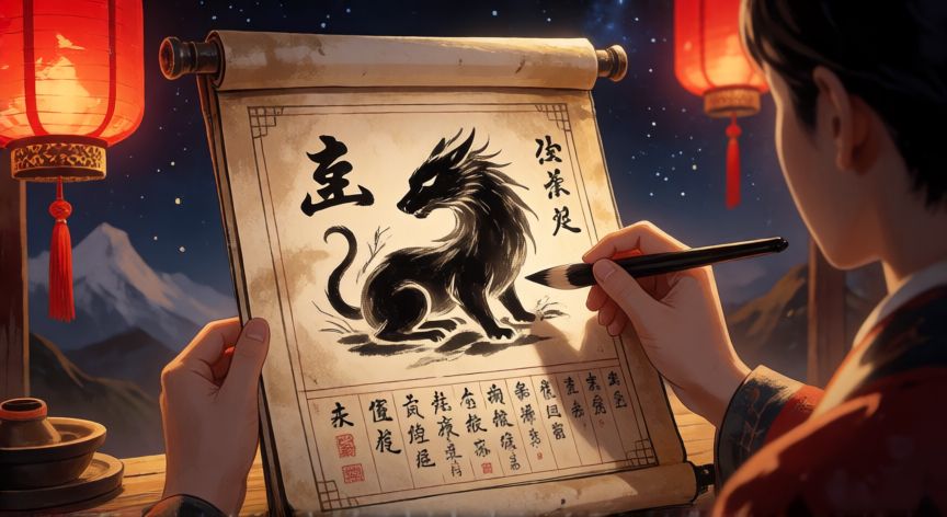 que animal del horóscopo chino soy, Escena tradicional china con un calendario antiguo y símbolos del zodiaco para descubrir el animal de nacimiento