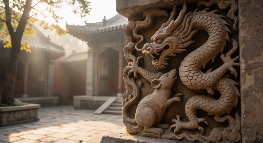 Escultura de piedra china con dragón y rata