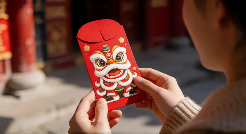 que animal del zodiaco chino soy, Persona con sobre rojo chino y figura de león