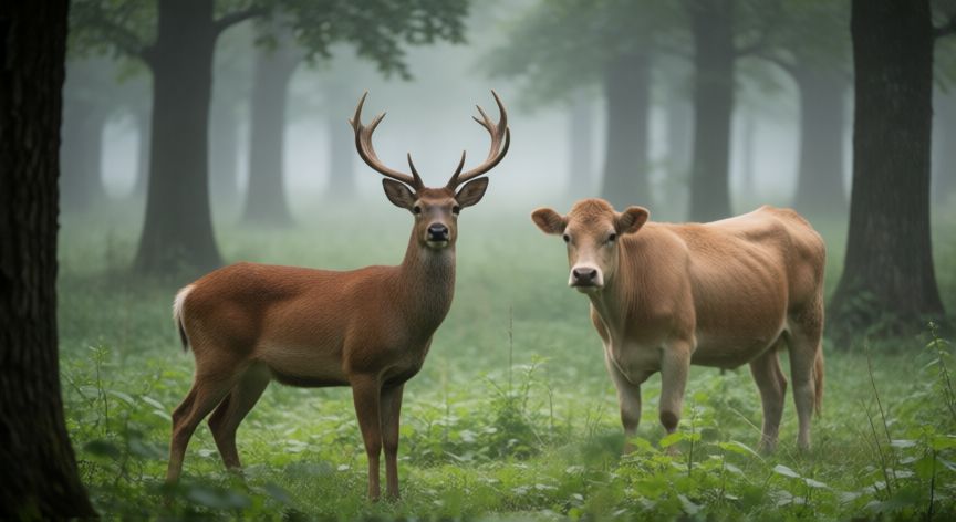 que animal duerme de pie por supervivencia, Ciervo y vaca de pie en un claro del bosque al amanecer adoptando postura de alerta
